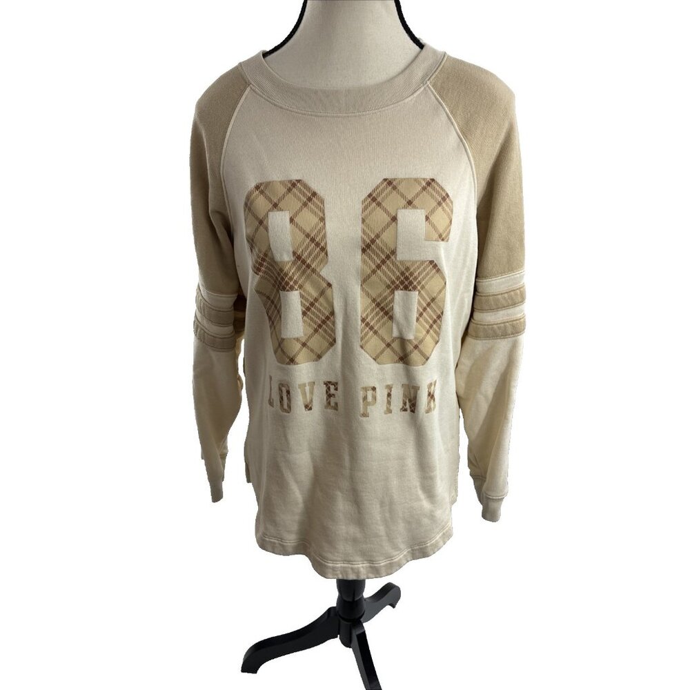 PINK Victoria Secret Womens Sweatshirt Beige Graphic Athletic Style XS
